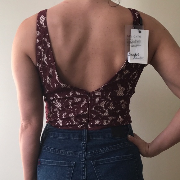 {Bardot} Wine Red Lace Julia Deep-V Bodysuit - Picture 3 of 7