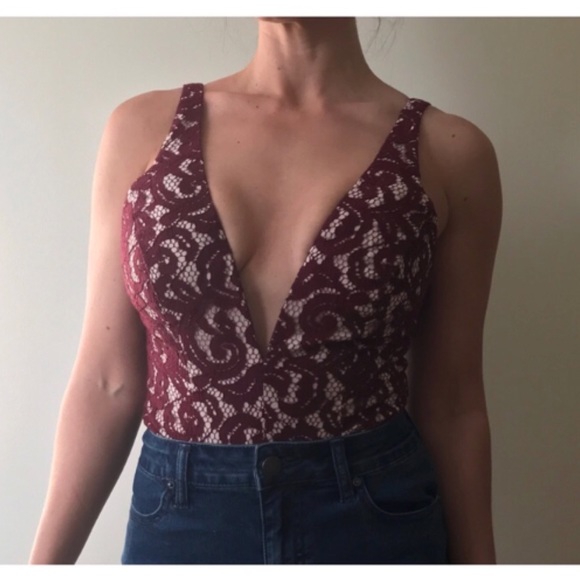 {Bardot} Wine Red Lace Julia Deep-V Bodysuit - Picture 2 of 7