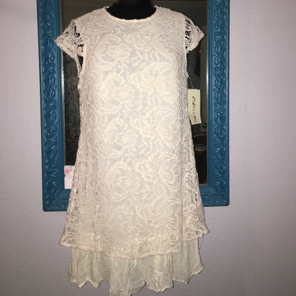 NWT Rebellion ivory crochet mini dress sz: S