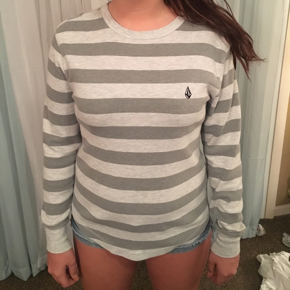 Volcom grey and white striped thermal long sleeve