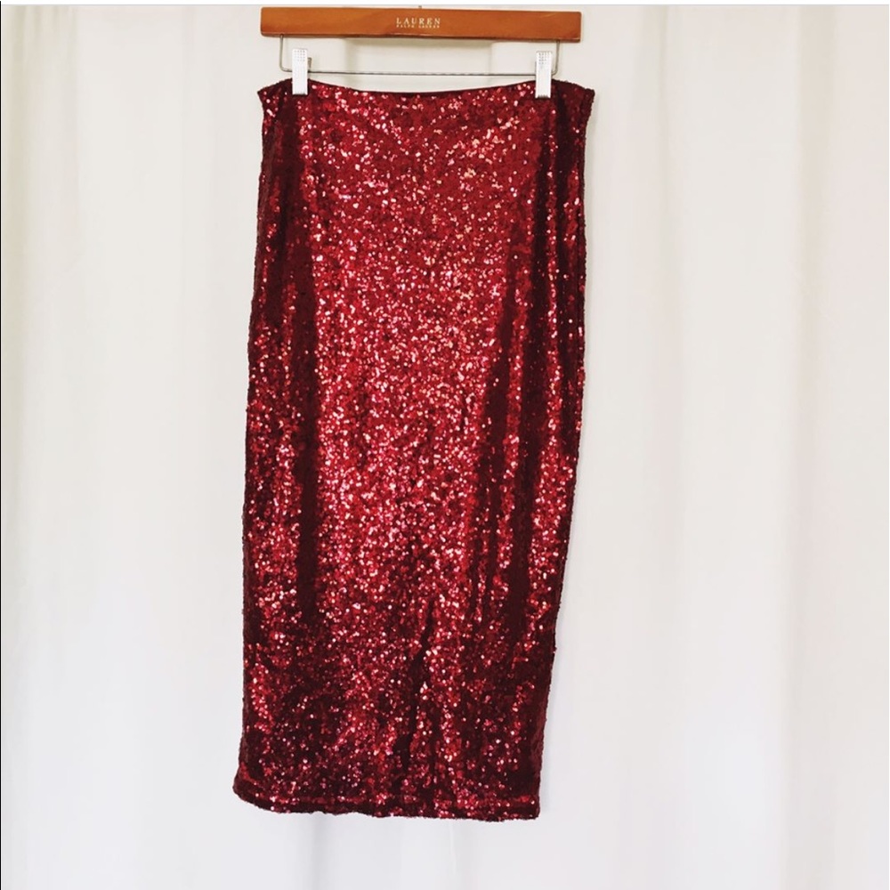 Red Sequined Midi Skirt