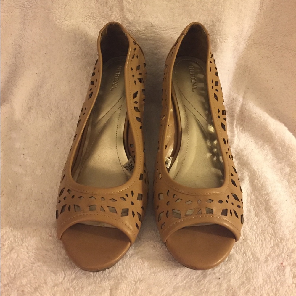 Beige open toe cutout wedge