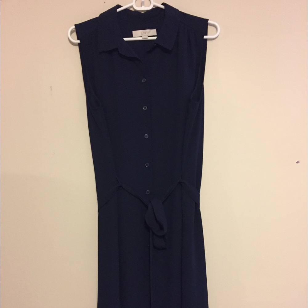 LOFT Buttondown Navy Dress with Belt Size 12