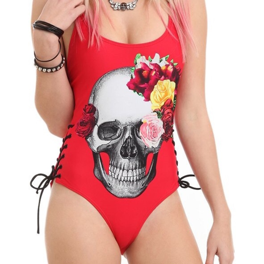 Skull and flower one piece swimsuit