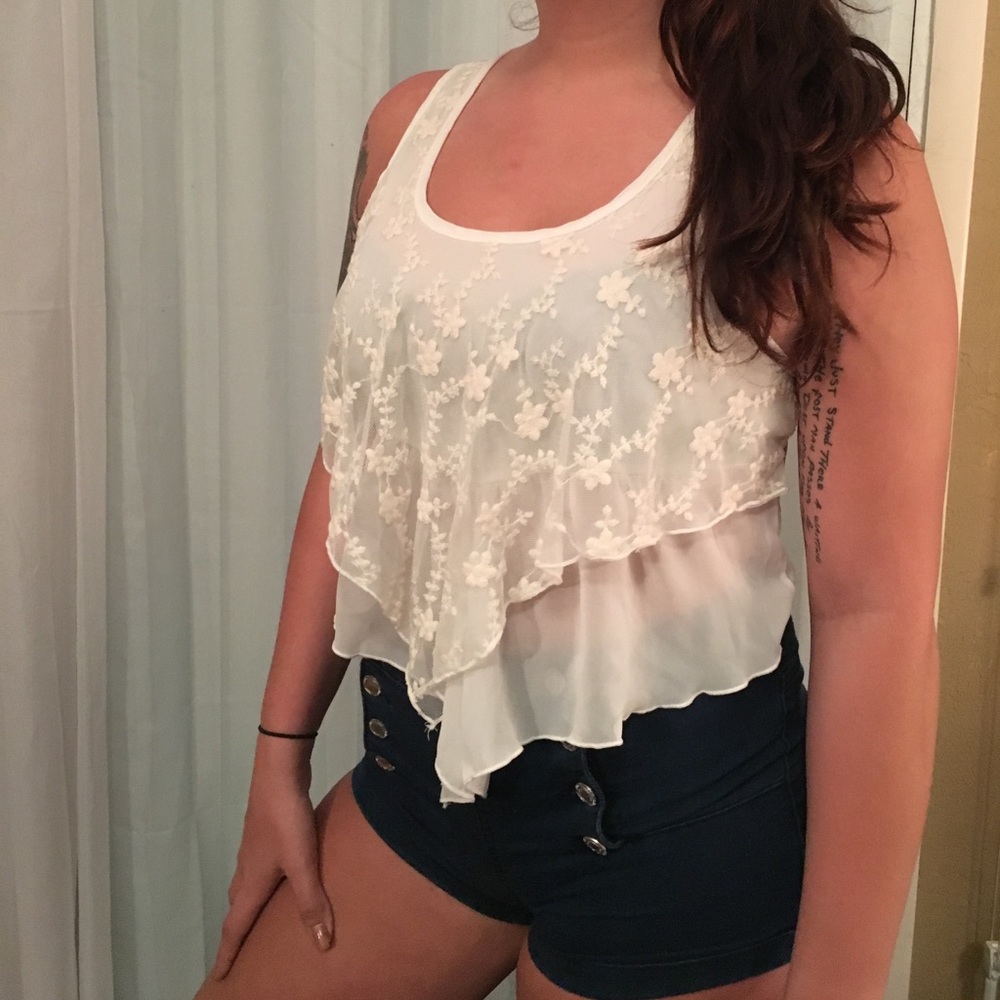 Papaya White sheer flower tank top