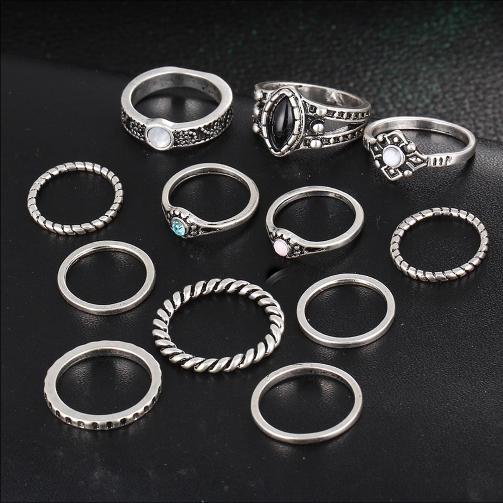 set of 12 silver boho bohemian stone rings - Picture 2 of 2