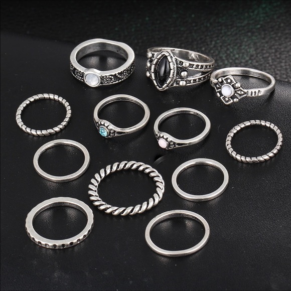 set of 12 silver boho bohemian stone rings - Picture 2 of 2
