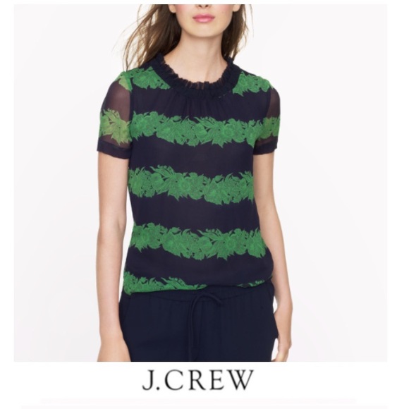J. Crew Tops - J. Crew Silk Navy Ruffle Top in Beanstalk Stripe