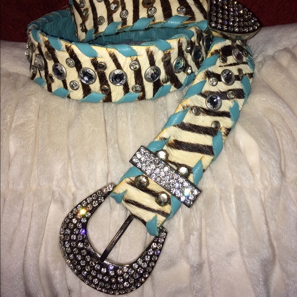 Turquoise / Black / Cream Leather rhinestone belt main image 4