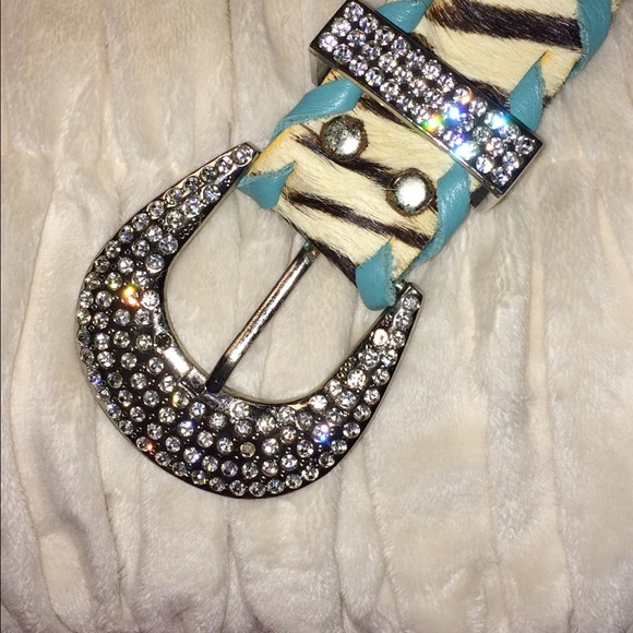 Turquoise / Black / Cream Leather rhinestone belt main image 3