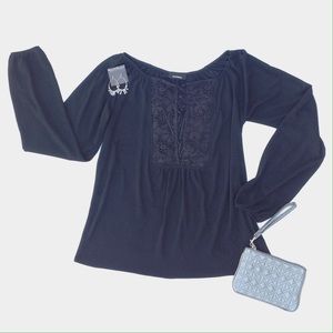 Black Express Top with Lace Neckline