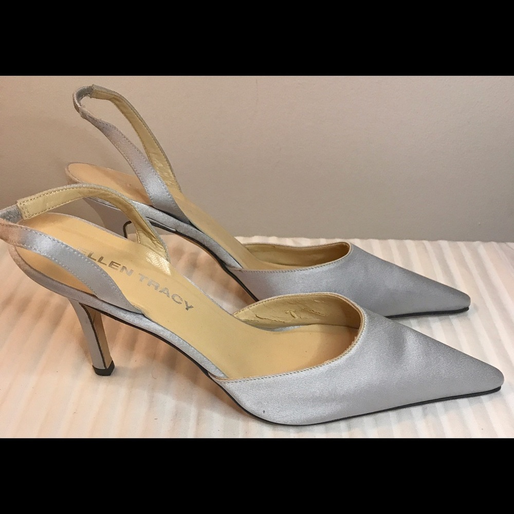 Ellen Tracy Heels 8 Gray Satin Leather Sole