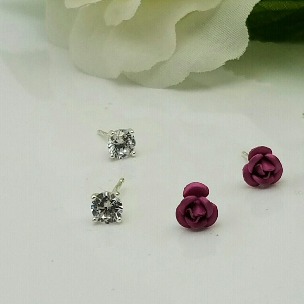 Silver Diamond & Pink Rose Earrings