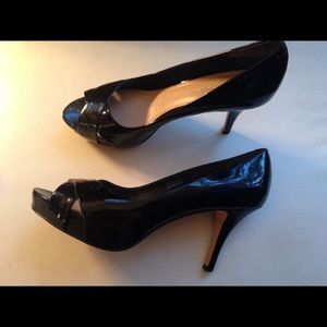 Via Spiga Black Patent Leather Peep Pumps