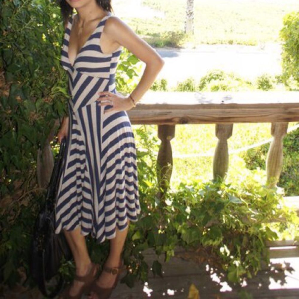 Cream and blue Stripe Midi dress