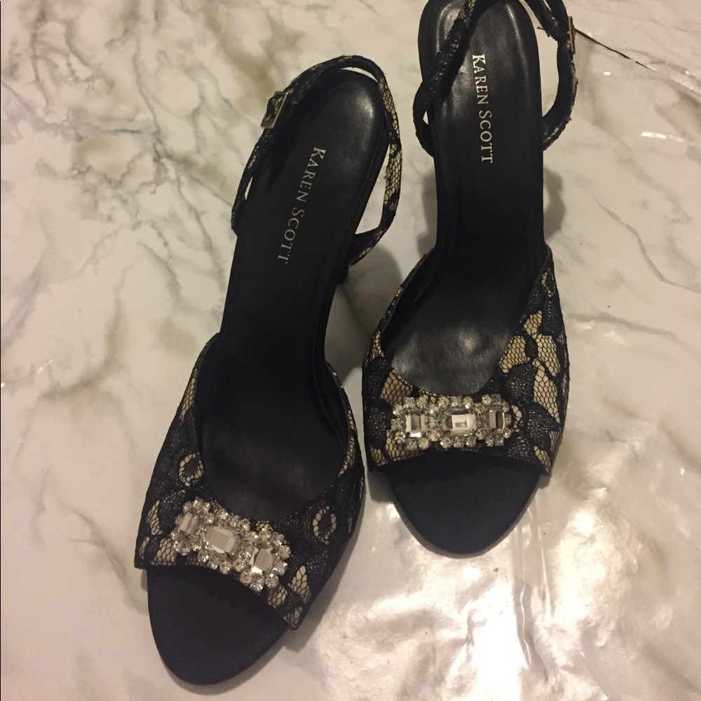 Karen Scott Black Lace Jewel Slingback SZ 7.5 Prom