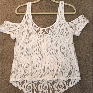 White lace open shoulder shirt.