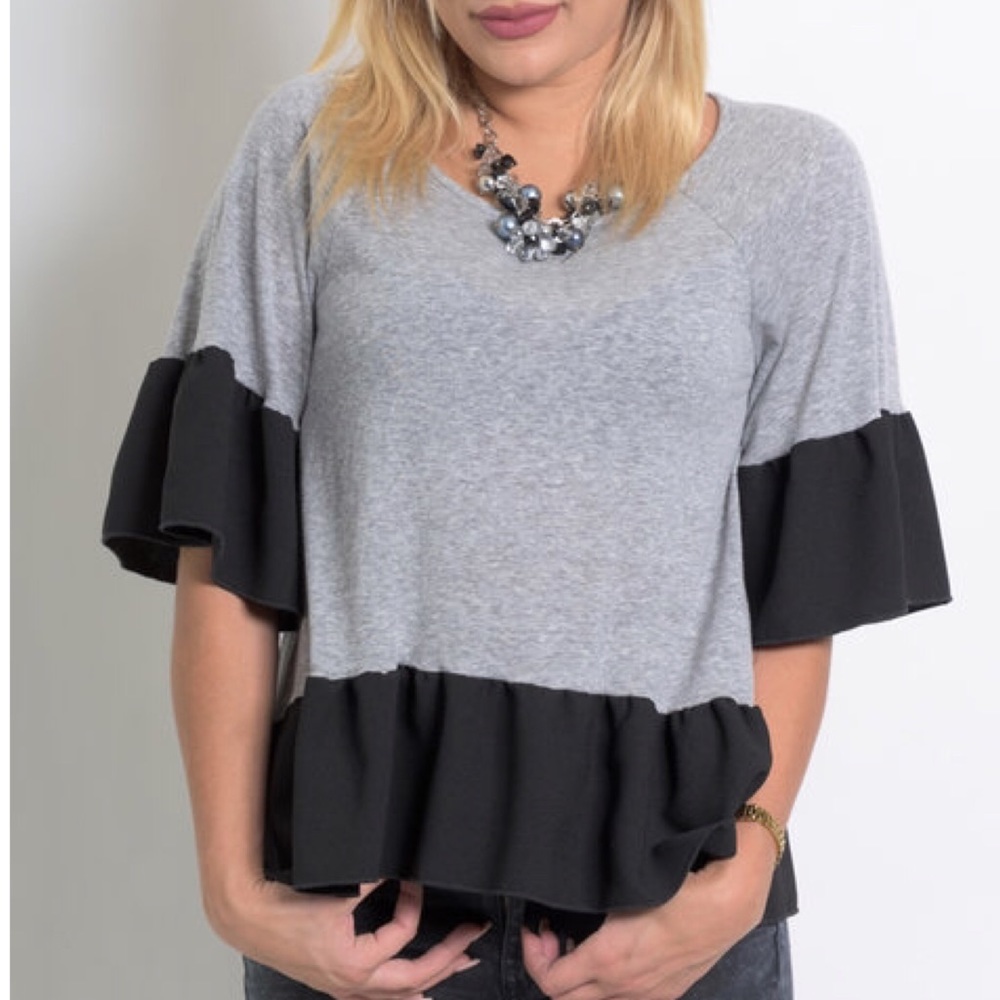 Black Gray 🌟Flowy Color Block Blouse Top