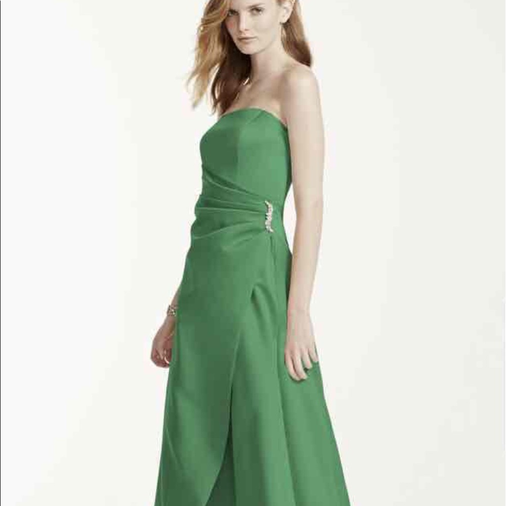 David's Bridal clover strapless formal gown.