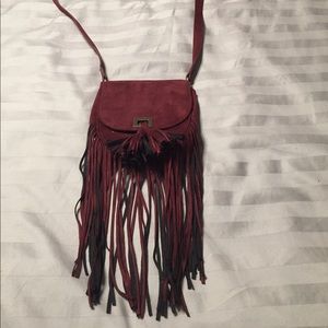 Burgundy suede purse with fringes
