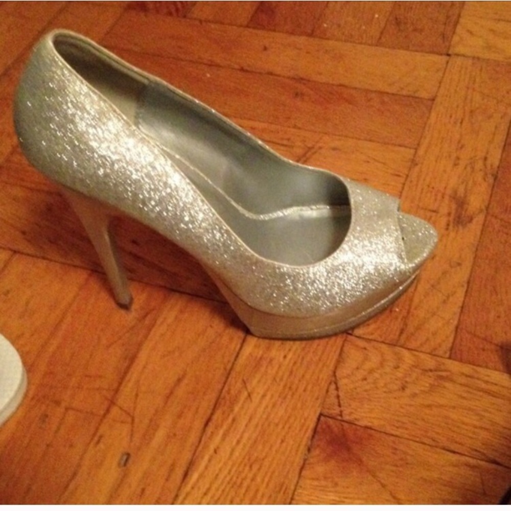 Silver peep toe heels