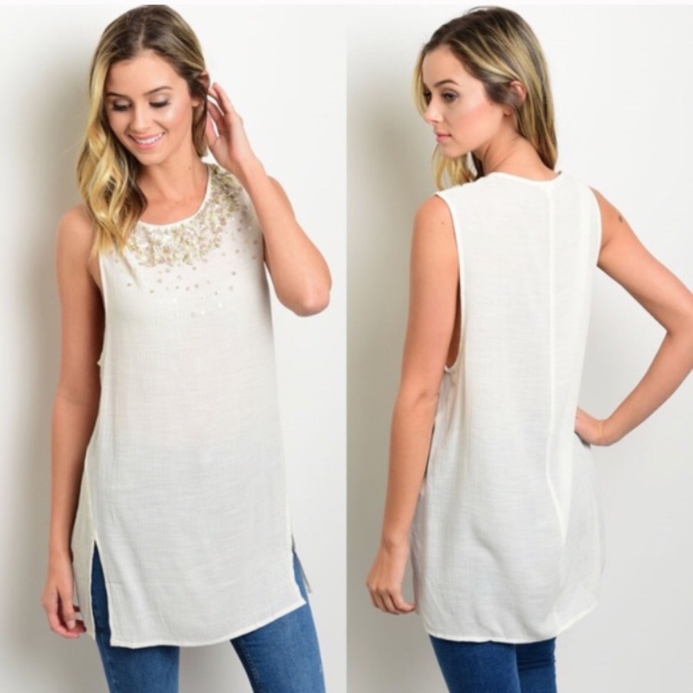 Sleeveless cream tunic top with sequins