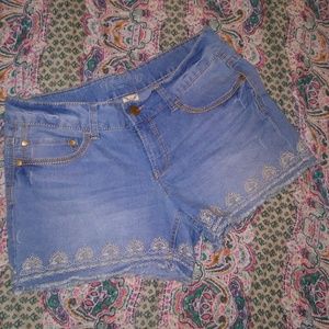 Boho Embroidered Hem Jean Shorts