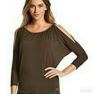 Michael Kors Brown Cold Shoulder Gold Link Blouse