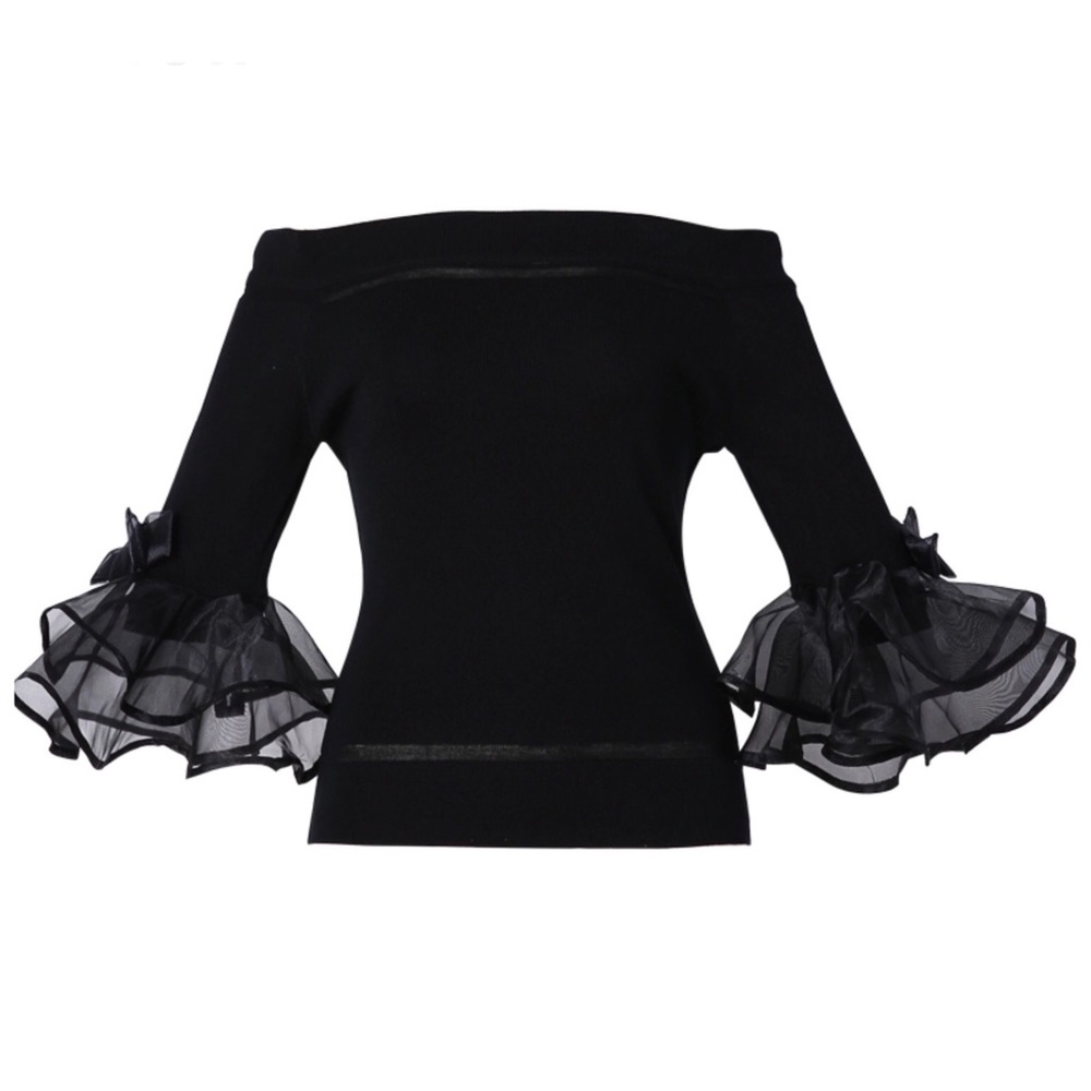 Black Tulle Bow Sleeve Sleeve Sweater - Picture 2 of 6