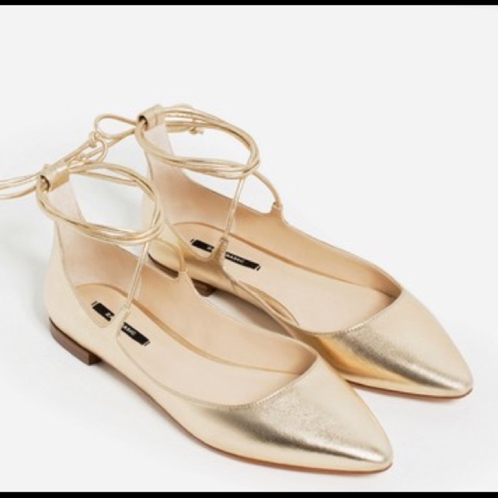 Zara size US6.5/7 EU37 Gold Lace up ballerina flat