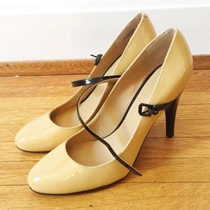 Nine West Patent Tan and Black Mary Jane Heels