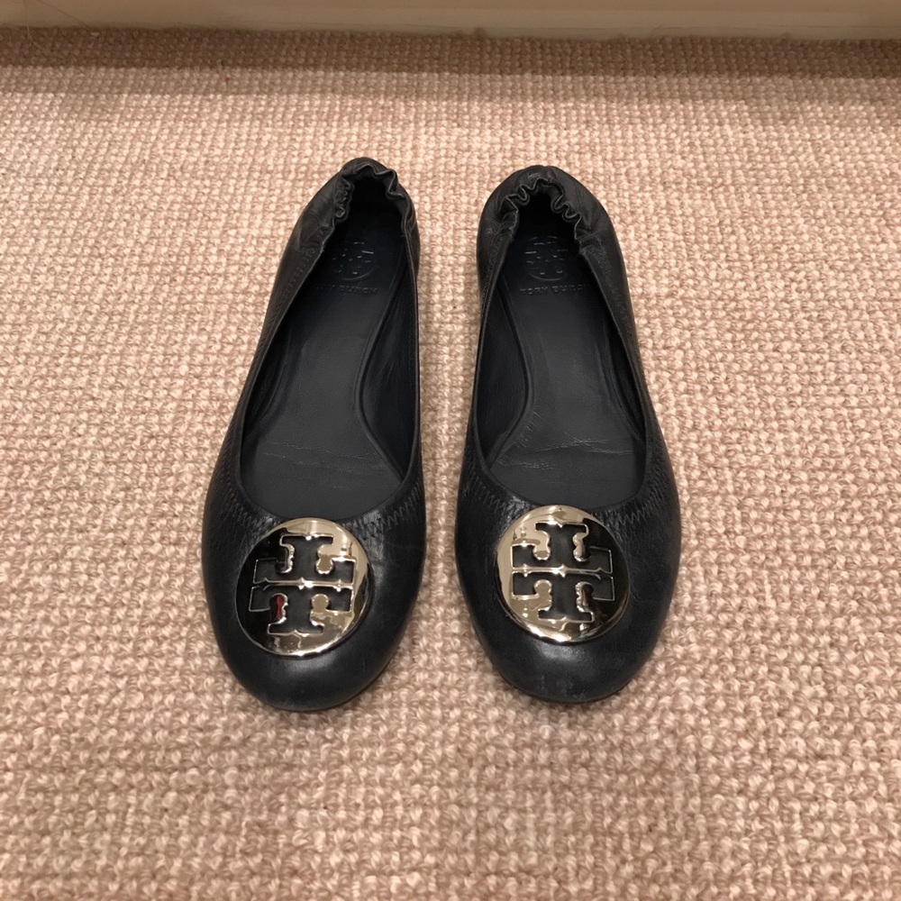 Tory Burch "Reva" navy flats with silver logo