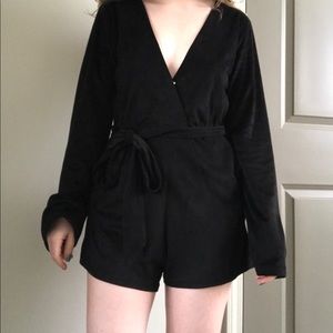 NWOT Black Suede Romper with Tie Front