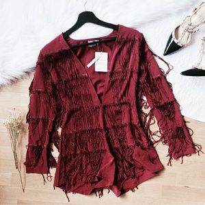NWT Burgundy Fringe Romper Deep V Neckline