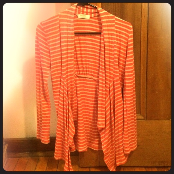 Coral and white striped open cardigan - Picture 1 of 3