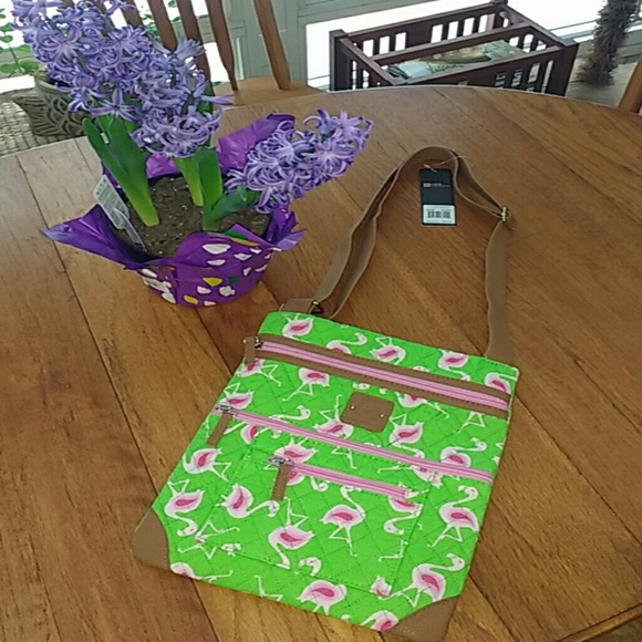 Stone Mountain Handbags - Bright Green Flamingo Print Cross Body Bag NWT