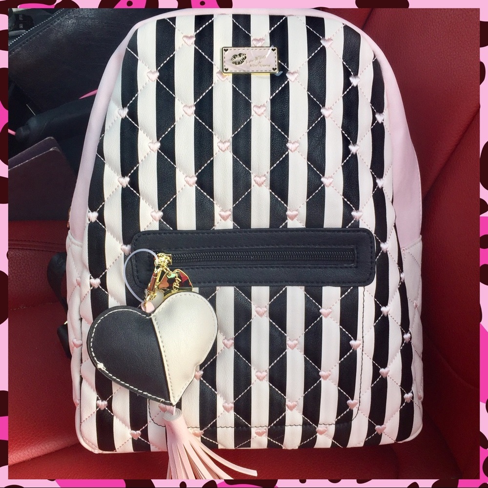 Betsey Johnson Black & Pink Stripe Hearts Backpack - Picture 1 of 7