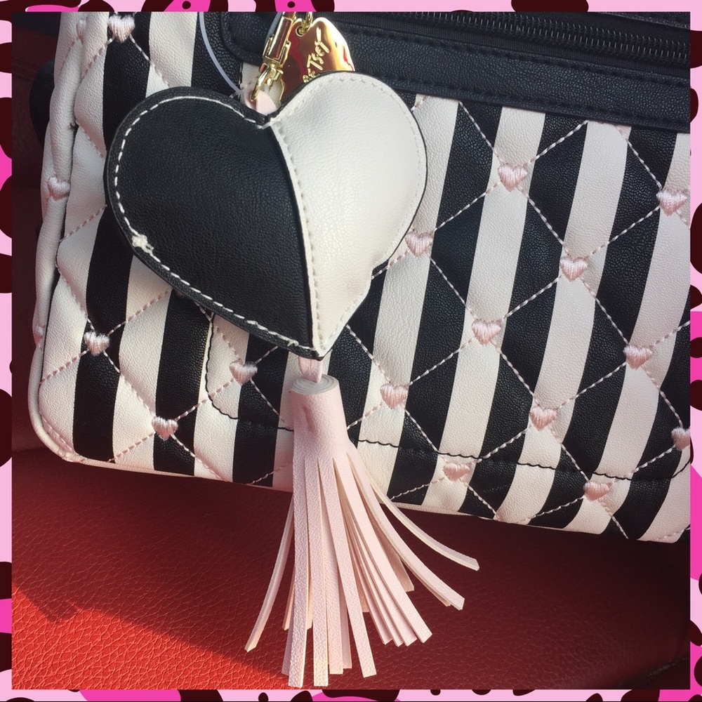 Betsey Johnson Black & Pink Stripe Hearts Backpack - Picture 2 of 7