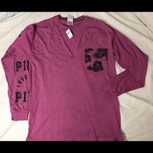 PINK Long Sleeve Magenta Choker V Neck Shirt