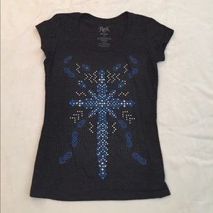 Rock Black Beaded Embellished Cross T-Shirt NWOT