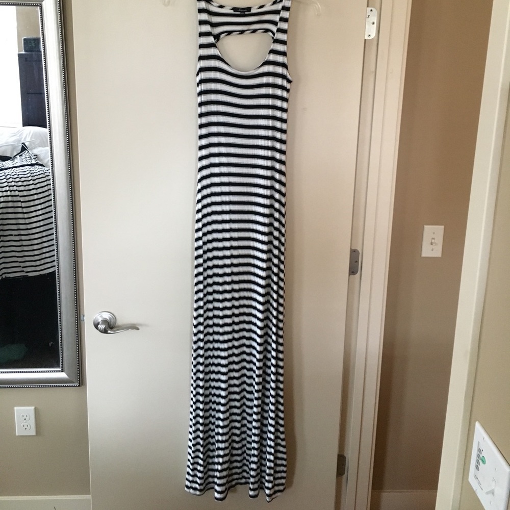 Black and white stripe maxi dress w/ back cutout.