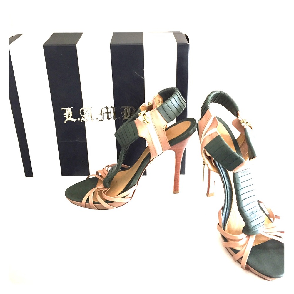 L.A.M.B. Zada Heel in Hunter Green and Tan