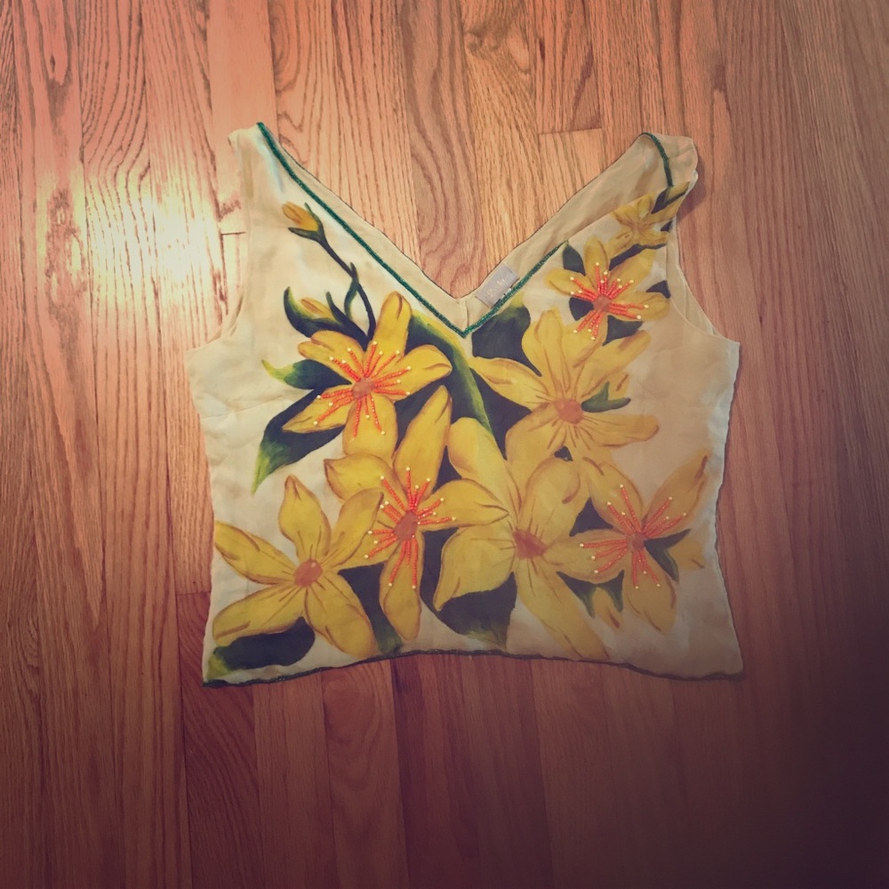 Yellow printed with beaded detail cropped tank