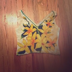Yellow printed with beaded detail cropped tank