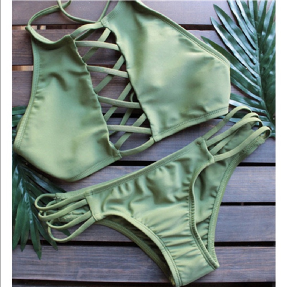 Olive Green Lattice Front Halter Bikini Suits
