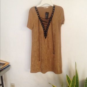 Suede camel lace-up dress