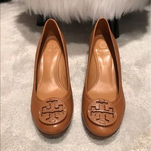Tory Burch tan leather wedges. Only worn once!