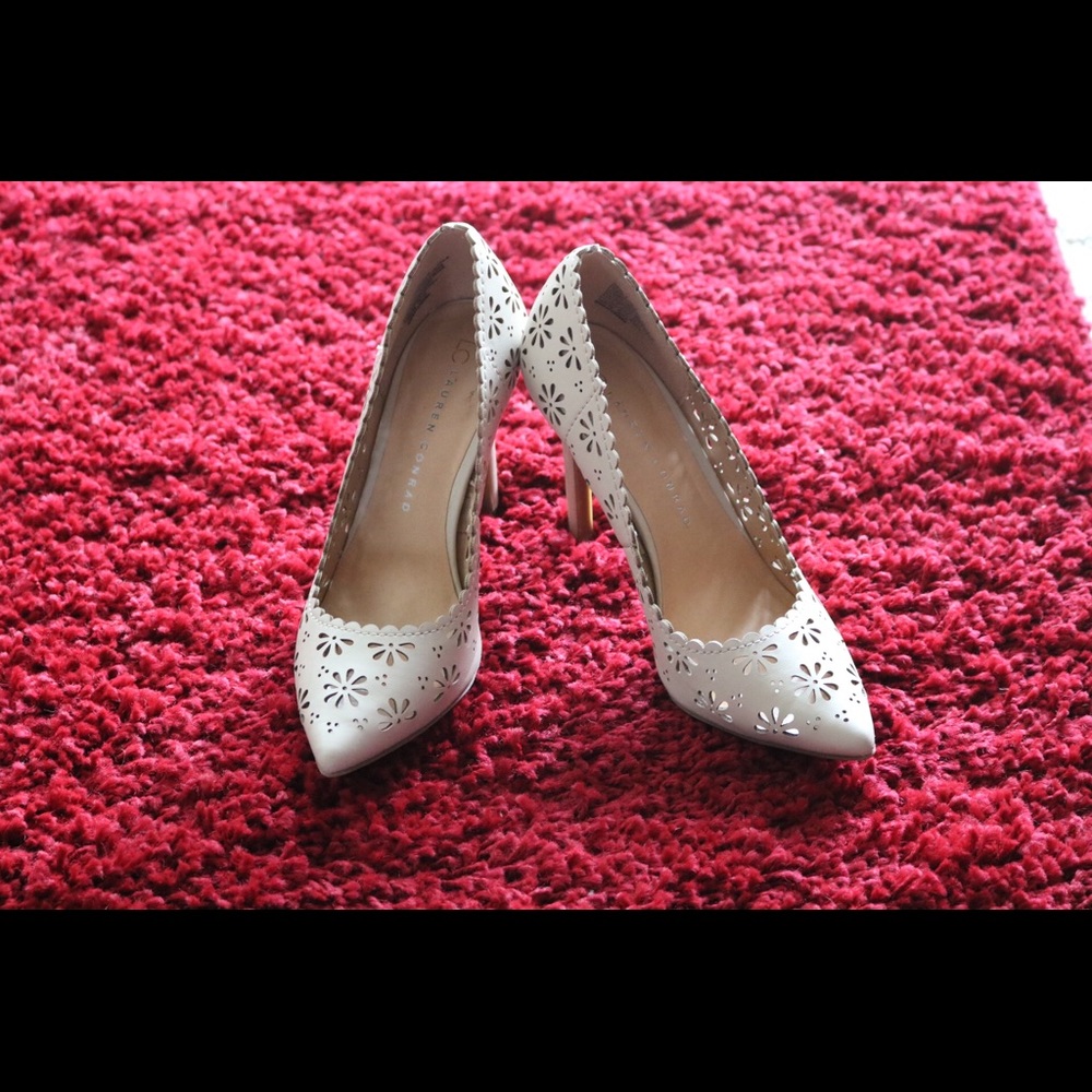 Lace cut out cream heels