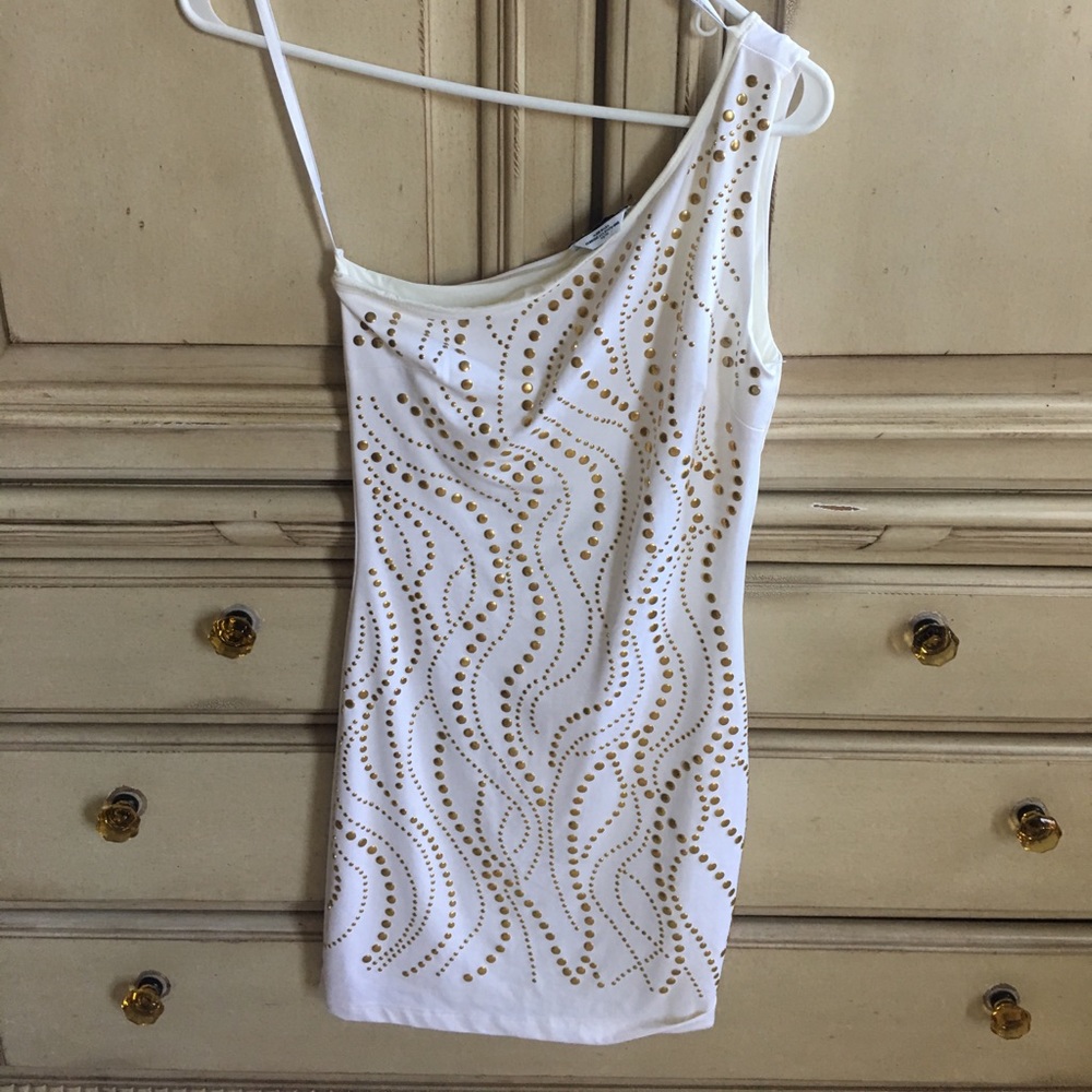 Bebe White one arm dress with gold studs
