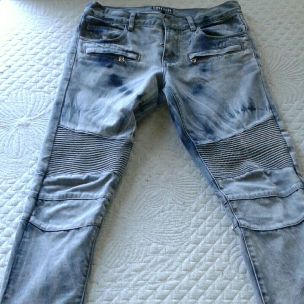 Grey and faded black embellish biker jeans